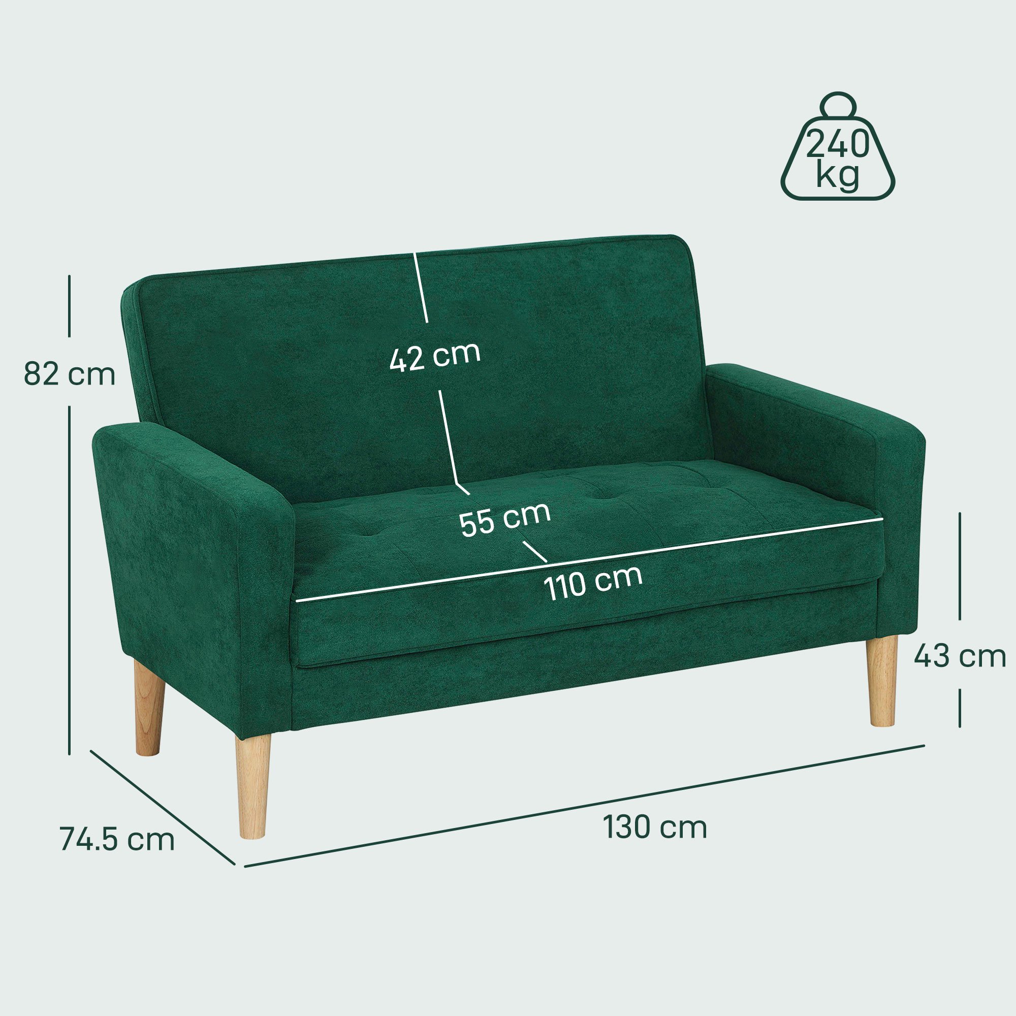 HOMCOM 2 Seater Velvet Modern Sofa with Rubber Wood Legs - Green - Image 7