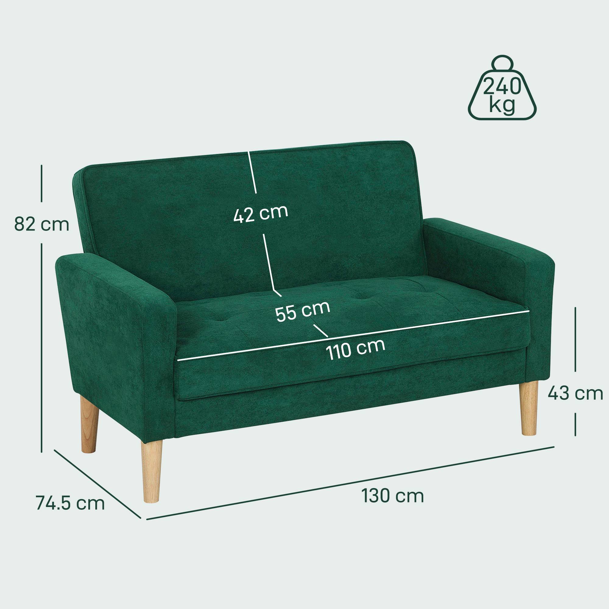 HOMCOM 2 Seater Velvet Modern Sofa with Rubber Wood Legs - Green - Image 7