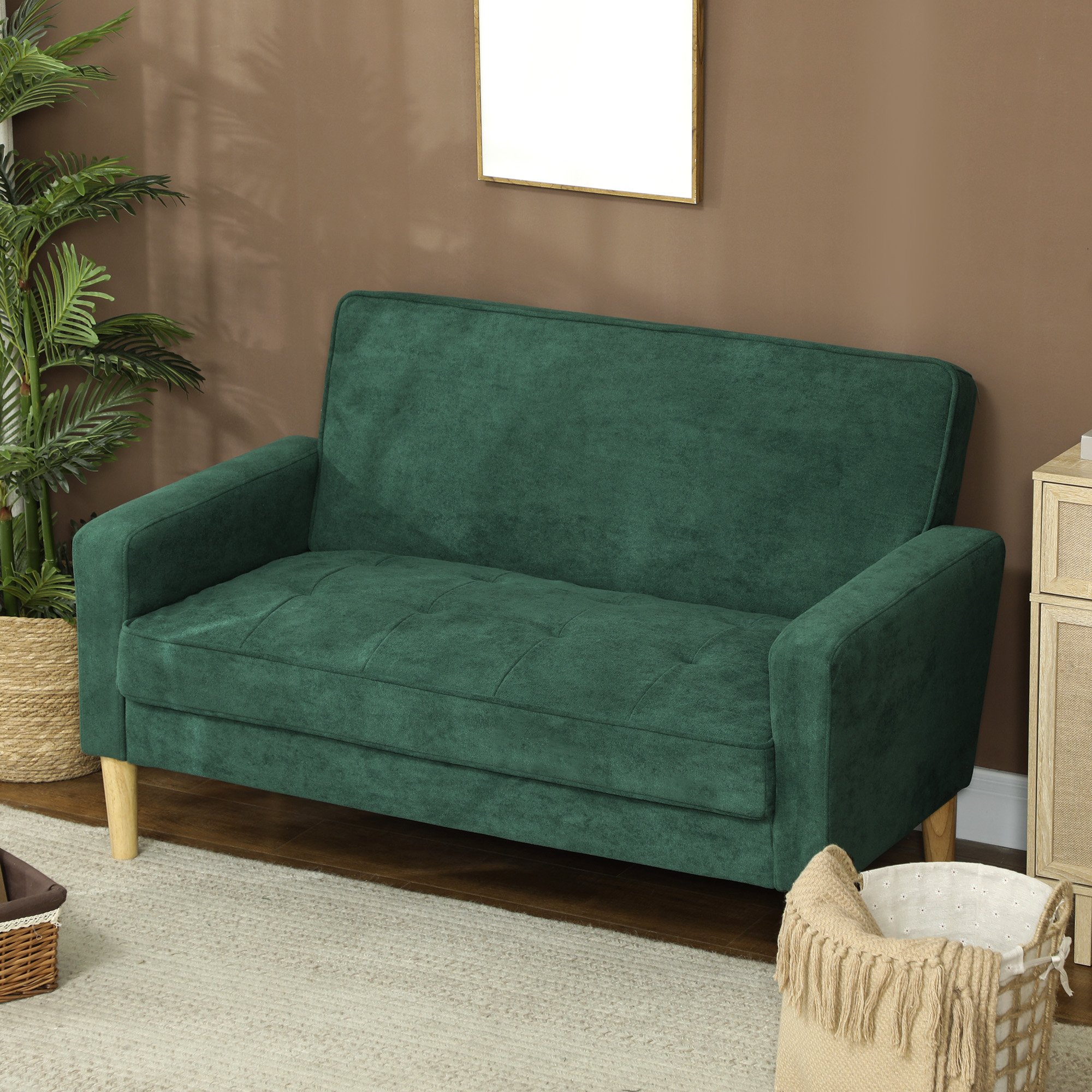 HOMCOM 2 Seater Velvet Modern Sofa with Rubber Wood Legs - Green - Image 2
