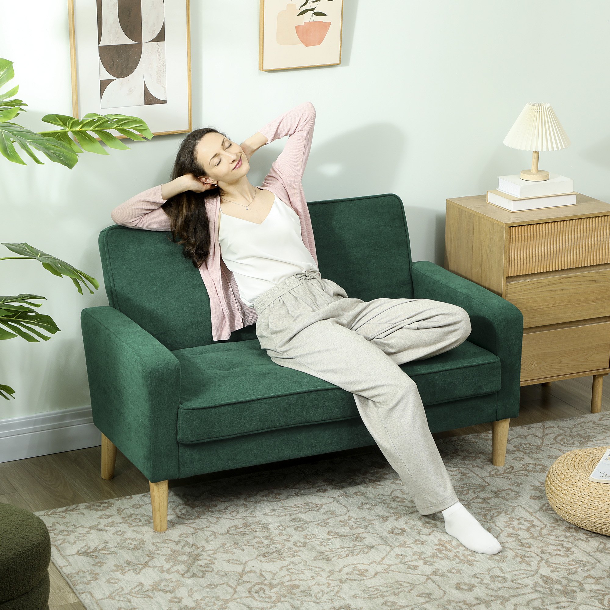 HOMCOM 2 Seater Velvet Modern Sofa with Rubber Wood Legs - Green - Image 5