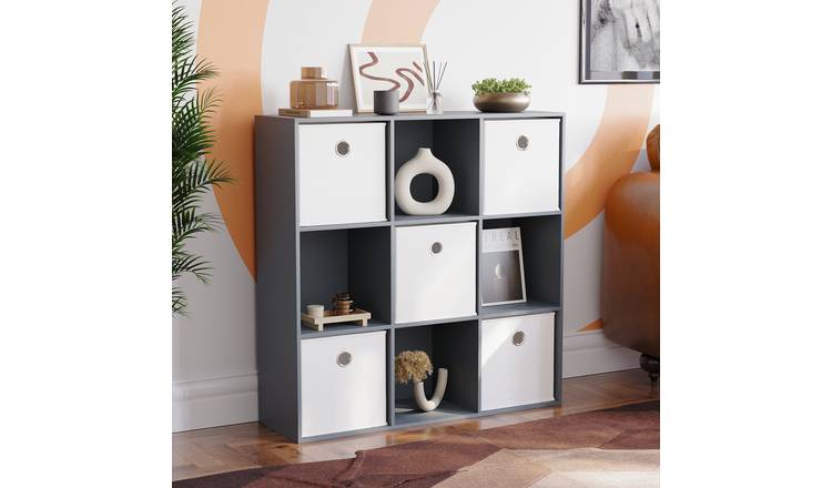 Vida Designs Durham 9 Cube Storage Unit with 5 White Baskets - Grey