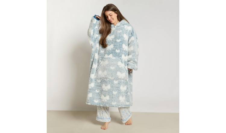 OHS Bow Print Teddy Marl Hoodie Blanket - Extra Long - Navy