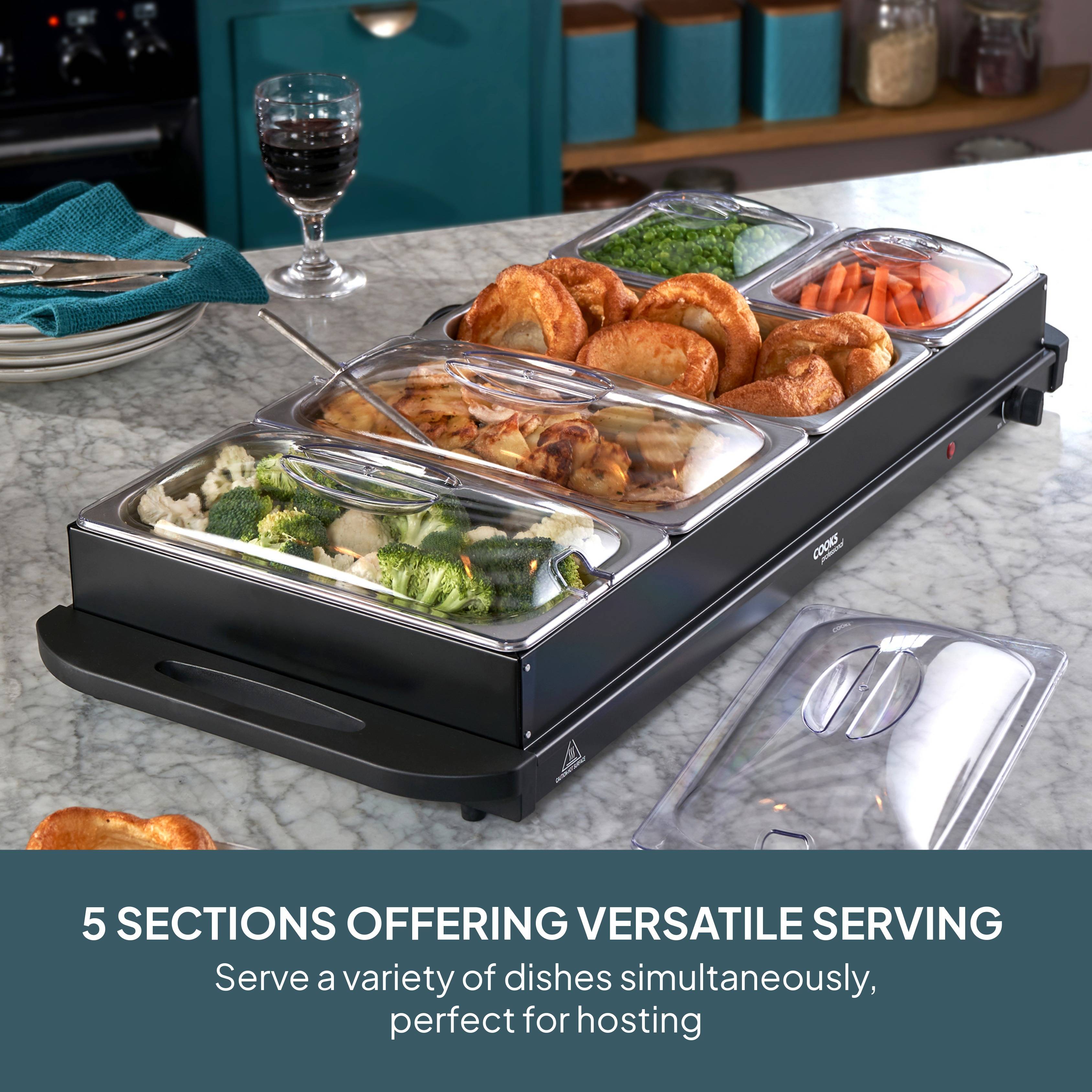 Cooks Professional 5 Section Buffet Warmer 9.6L with Hotplate Function - Black - Image 2