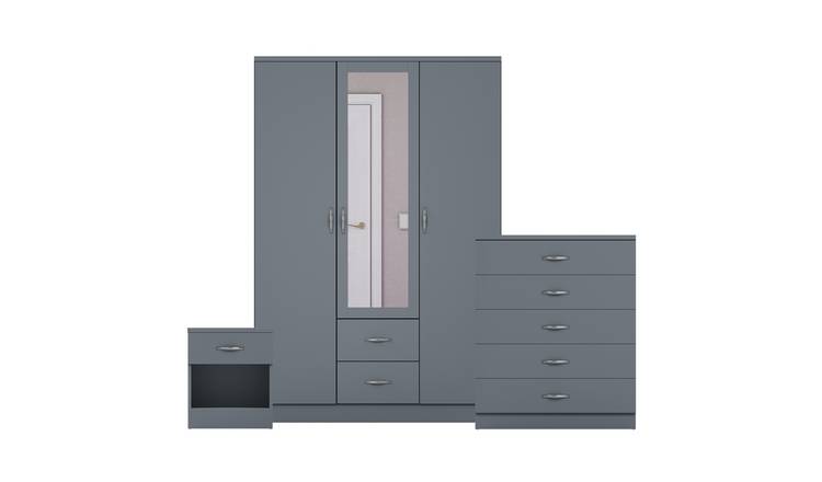 Vida Designs Riano Bedroom Set (Bedside, 5 Drawer Chest, Mirror Wardrobe) - Grey
