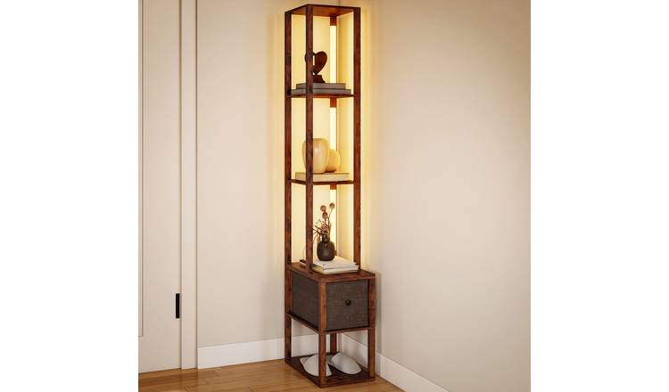 HOMCOM LED Floor Lamp With Shelves And Fabric Drawer - Brown
