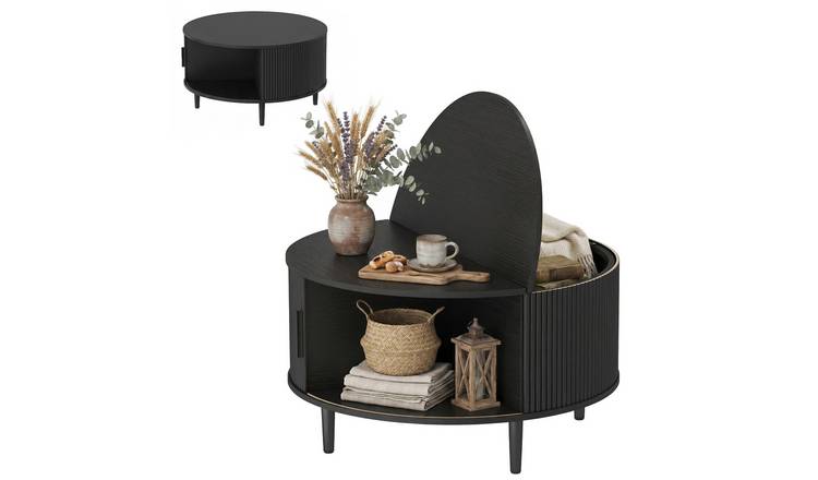 HOMCOM Lift Top Round Coffee Table with Fluted Sliding Cabinet Door - Black