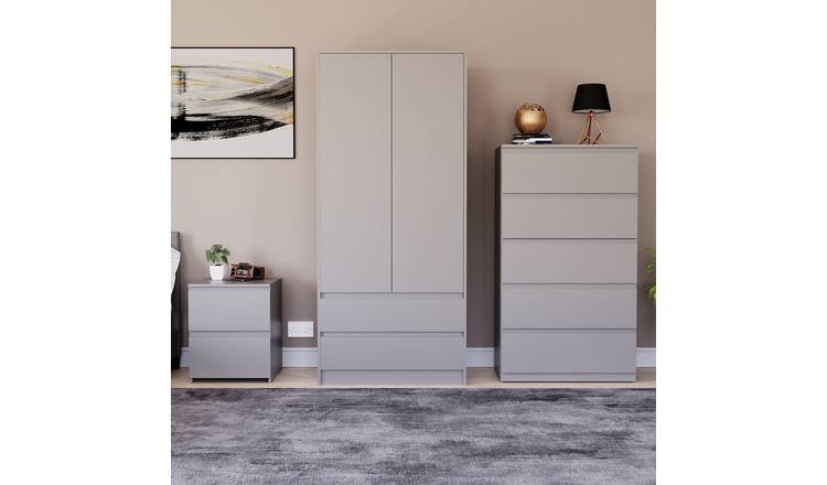 Vida Designs Denver Bedroom Set (Bedside, 5 Drawer Chest, 2x2 Wardrobe) - Grey