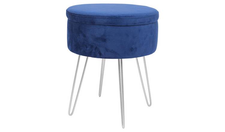 Harbour Housewares Round Velvet Storage Footstool with Silver Legs - Blue