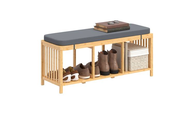 HOMCOM Bamboo Shoe Bench with Seat for Two People - Natural wood finish