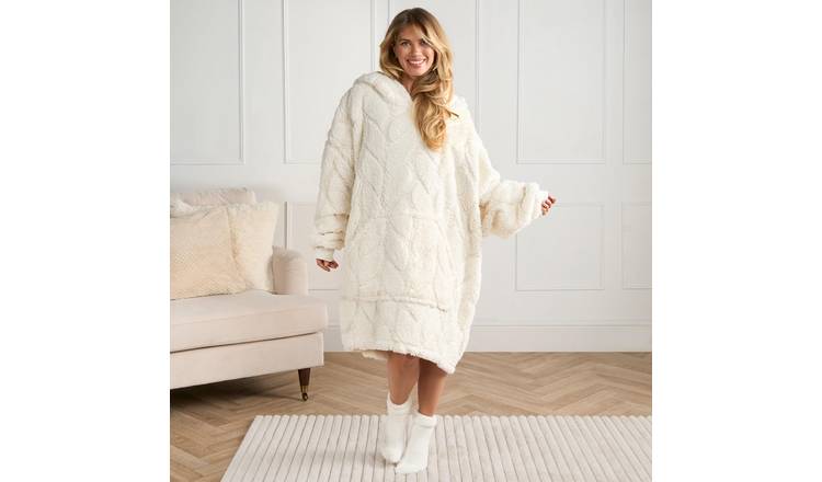 OHS Braided Fleece Hoodie Blanket - One Size - Cream