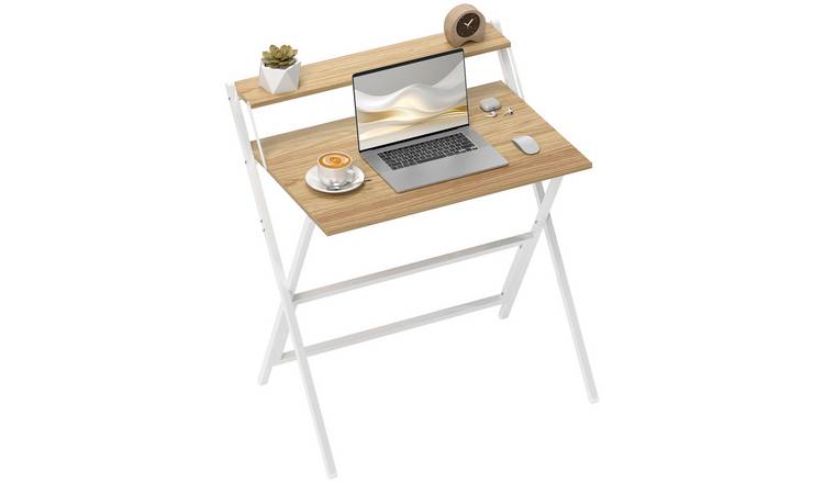 HOMCOM Mdf Folding Office Desk with Monitor Shelf - Natural Wood