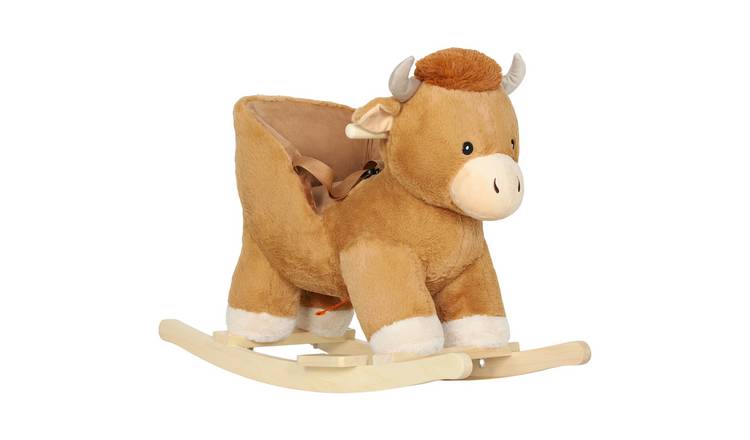AIYAPLAY Plush Cow Song Safety Belt Wood Base Baby Rocking Horse - Brown