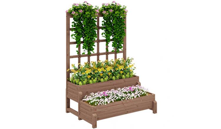 Outsunny 2 Tier Wooden Raised Garden Bed with Drainage Holes - Brown