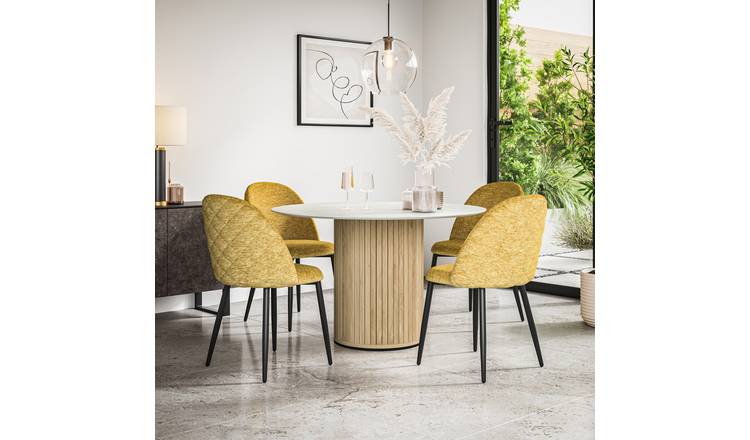 Furniture Online Arlo Raye Marble Top w Oak Legs Dining Table & 4 Mustard Chairs