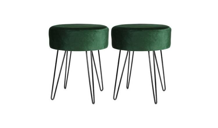 Harbour Housewares Round Velvet Footstool with Black Legs Pack of 2 - Green
