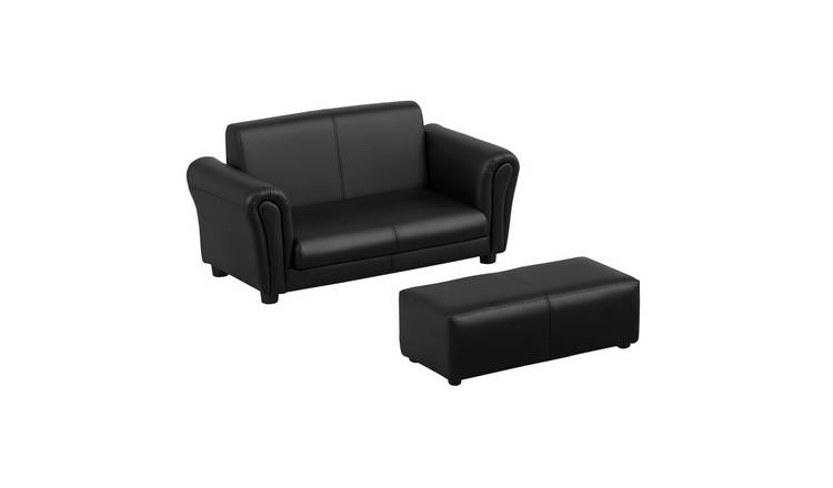 HOMCOM 2 Seater Sofa Bed Kids Twin Sofa Chair with Footstool- Black