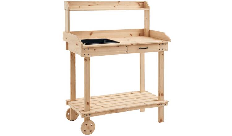 Outsunny Wooden Garden Potting Bench Table with 2 Wheels - Natural Wood