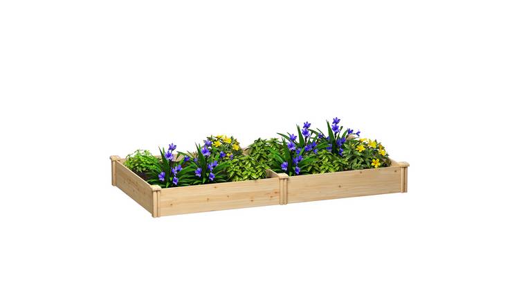 Outsunny Wooden Raised Garden Bed with Divider and Open Bottom - Natural Wood