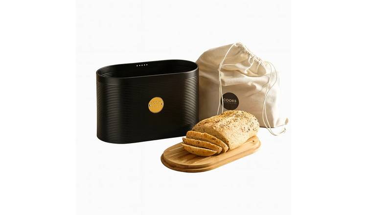 Cooks Professional Bread Bin, Linen Bag and Bamboo Board Set - Black / Gold