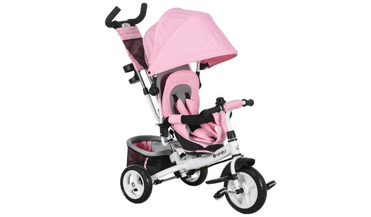 HOMCOM 6 in 1 Push Handle Canopy 5 Point Belt Storage Cushion Trike - Pink