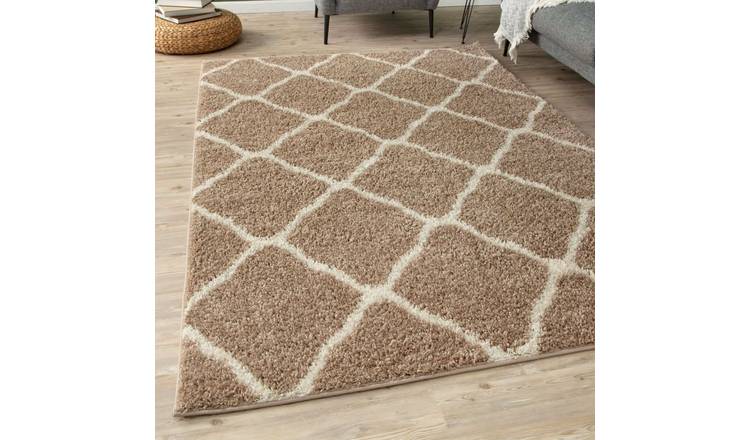The Rugs Beige Moroccan Shaggy Lattice Rug - 60 x 110cm