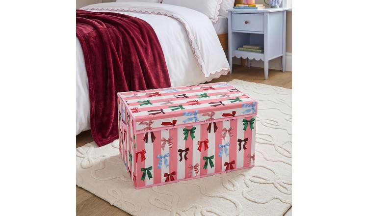 OHS Multi Bow Stripe Large Collapsible Storage Box With Lid - Pink/White