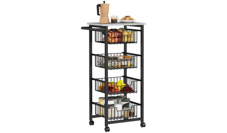 HOMCOM 4 Tier Kitchen Island on Wheels with Pull Out Mesh Baskets - Light Grey