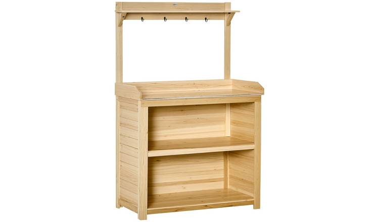 Outsunny Wooden Garden Potting Table with Galvanized Tabletop - Natural Wood