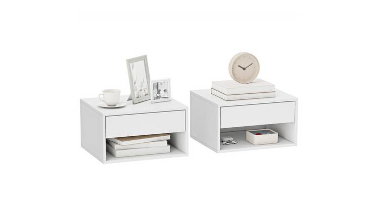 HOMCOM Set of 2 Floating Bedside Table with Drawer and Shelf - White