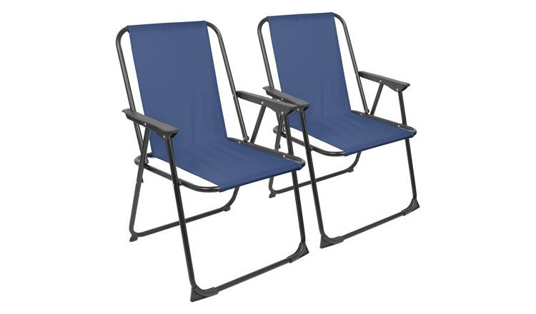 Harbour Housewares Folding Metal Beach Chairs - Matt Black/Navy - Pack of 2