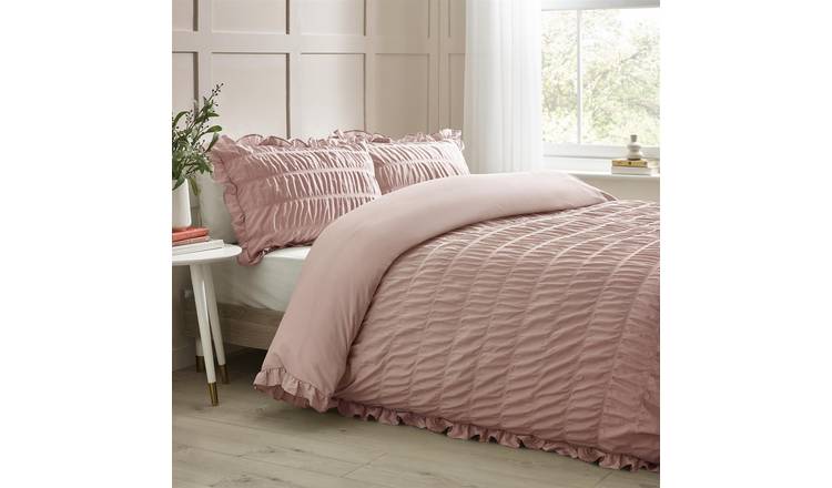 Catherine Lansfield Seersucker Frill Duvet Cover Set - Single - Pink