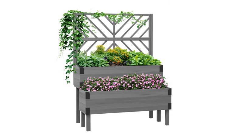 Outsunny 2 Tier Metal Raised Garden Bed Trellis Wooden Elevated Planter - Grey