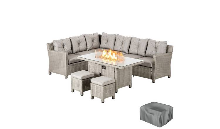 Outsunny Rattan Garden Furniture with Fire Pit and Waterproof Cover - Grey
