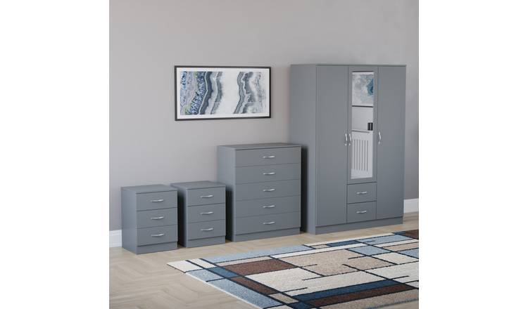 Vida Designs Riano Bedroom Set (Bedsides, 5 Drawer Chest, Mirror Wardrobe)- Grey