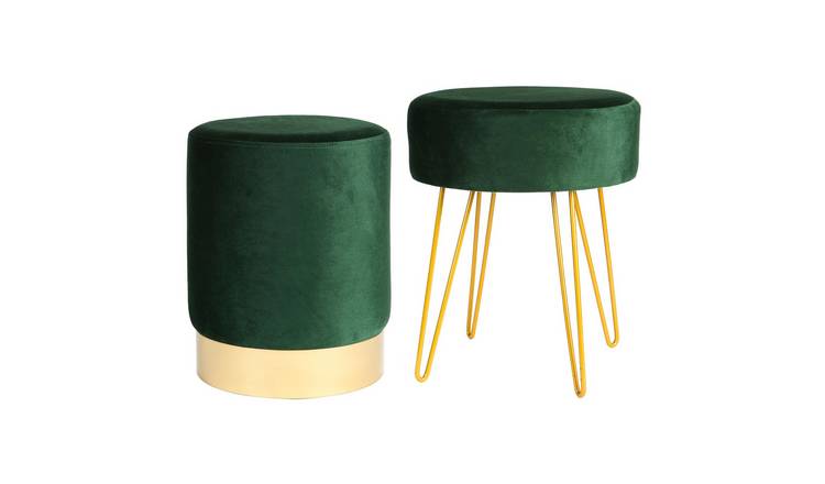 Harbour Housewares 2 Piece Round Velvet Footstools Set - Green