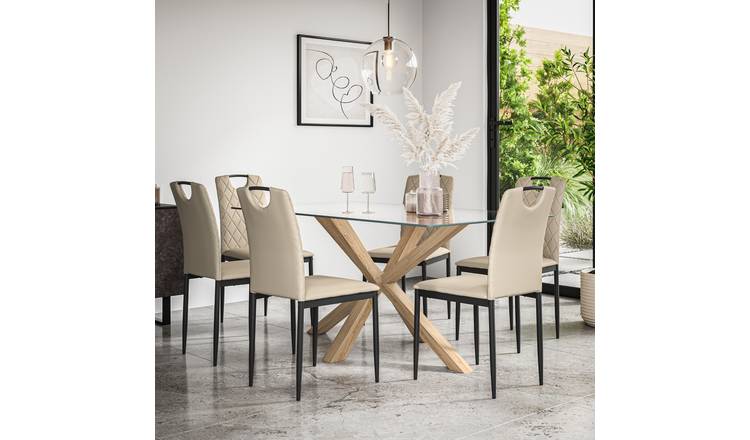 Furniture Online Etta Monza Glass Top Dining Table & 6 Beige Chairs