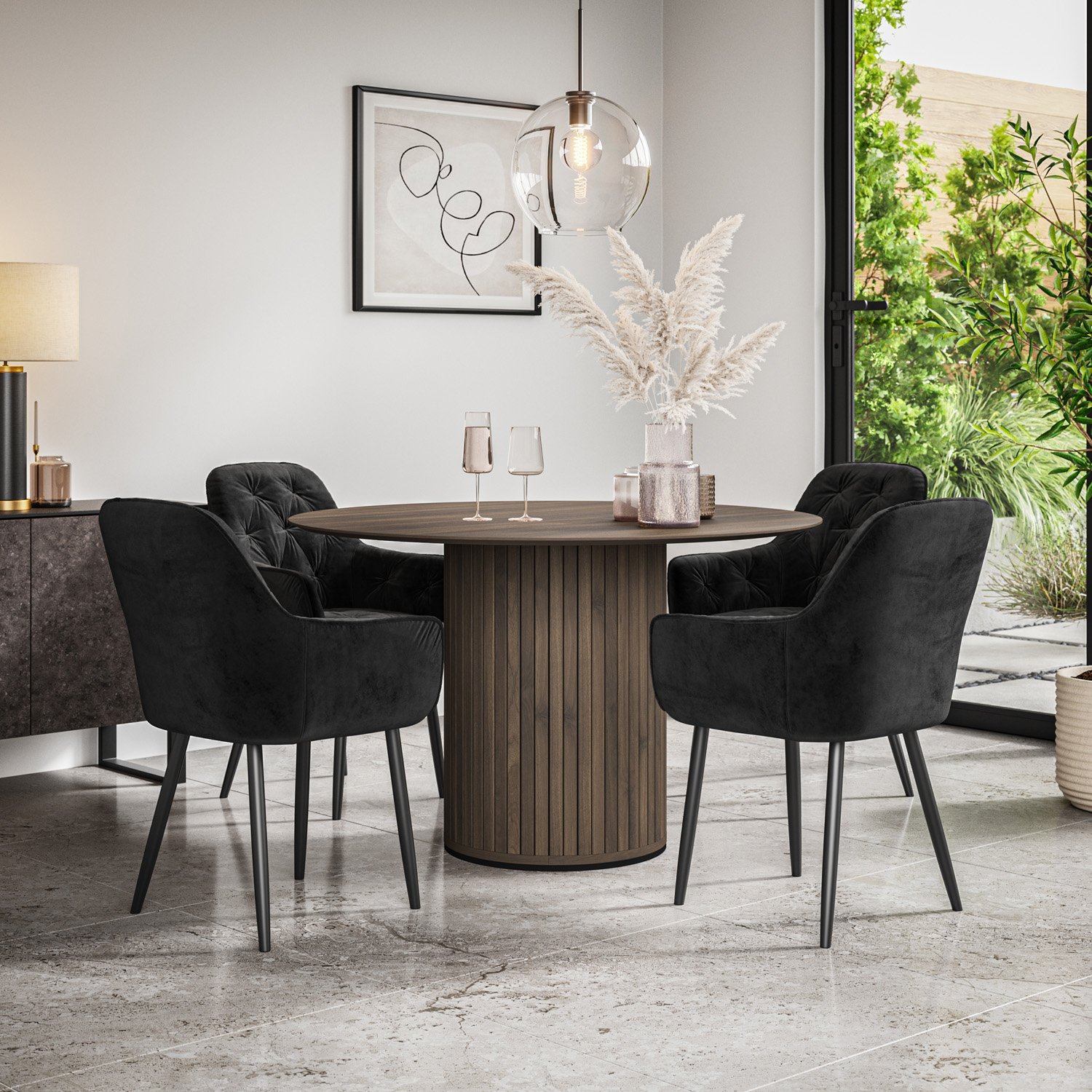 Furniture Online Arlo Anika Walnut Top w Wal Legs Dining Table & 4 Black Chairs - Image 1