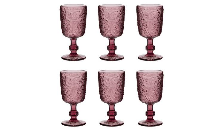 Dibor Set of 6 Paisley 300ml Glass Wine Glasses - Pink