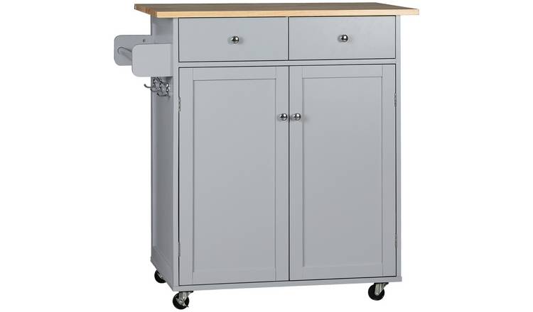 HOMCOM Rolling Kitchen Island with Rubber Wood Top and Towel Rack - Grey