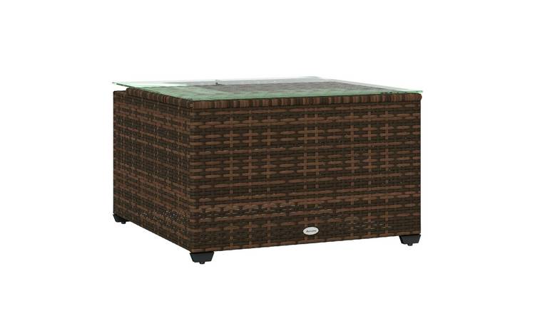 Outsunny PE Rattan Small Garden Side Table with Tempered Glass Top - Brown