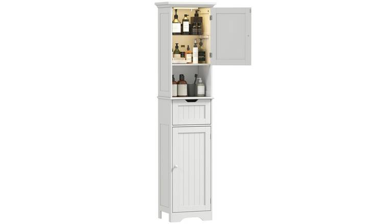 HOMCOM Tall Bathroom Cabinet with LED Light and Drawer - White