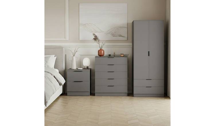 Vida Designs Trega Bedroom Set (Bedside, 5 Drawer Chest, 2x2 Wardrobe) - Grey