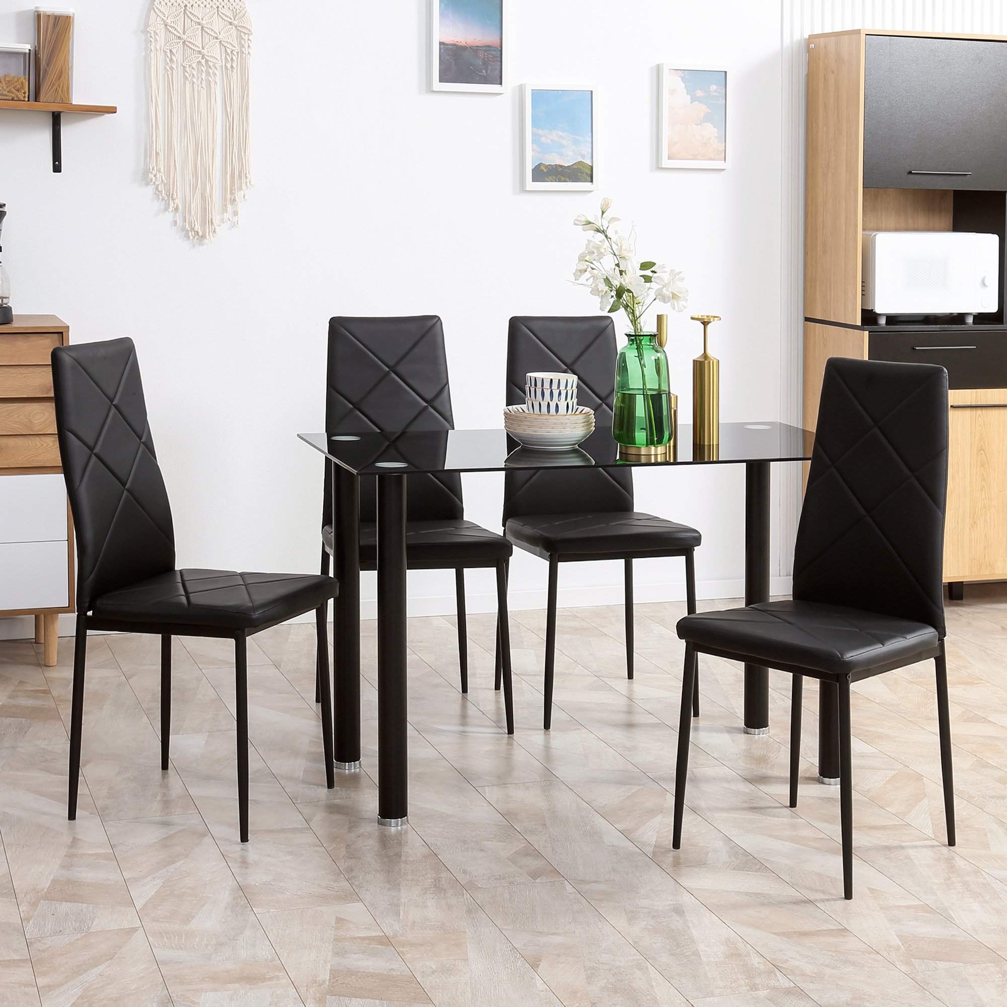 HOMCOM 5 Piece Glass Dining Table with Faux Leather Chairs Set - Black - Image 2