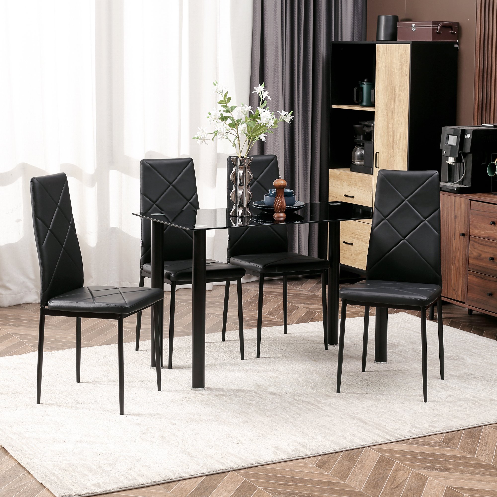 HOMCOM 5 Piece Glass Dining Table with Faux Leather Chairs Set - Black - Image 5