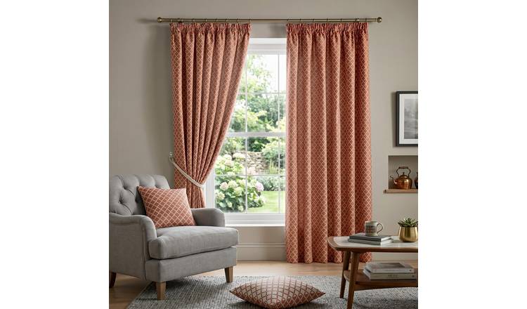 Luxury Living Geometric Lined Pencil Pleat Taped Curtains 117cm x 183cm - Orange