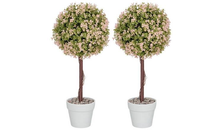 HOMCOM Set of 2 Artificial Ball Topiary Tree with Murraya Flowers - Cream White