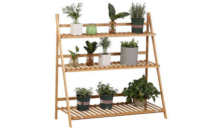 Outsunny 3 Tier Bamboo Foldable Plant Rack Foldable - Natural Wood