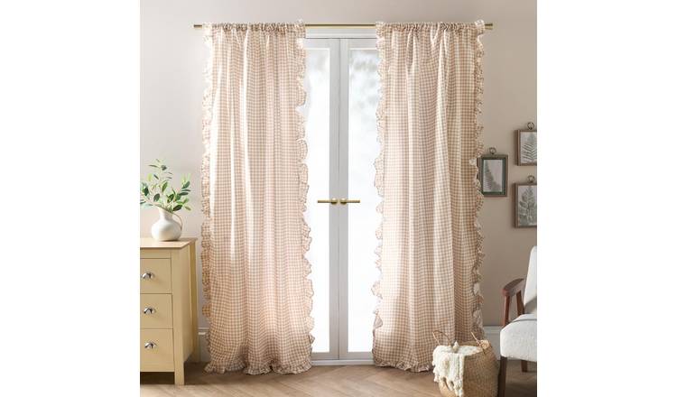 OHS Gingham Frill Voile Curtains 140 x 224cm - Natural
