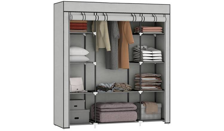 HOMCOM Foldable Fabric Wardrobe with Rail Shelves and Cover - Light Grey