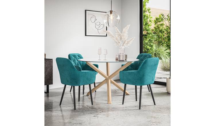 Furniture Online Malvern Anika Glass Top Dining Table & 4 Blue Chairs
